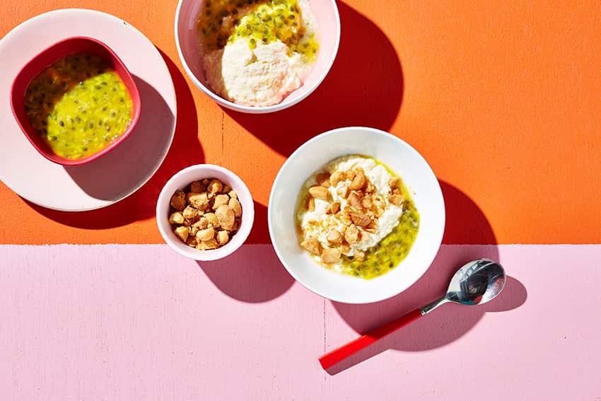 Passion fruit ricotta with honey and macadamia