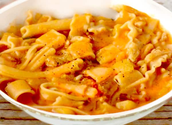 Pasta e potato makes resourceful use of leftover pasta and cheese rinds.