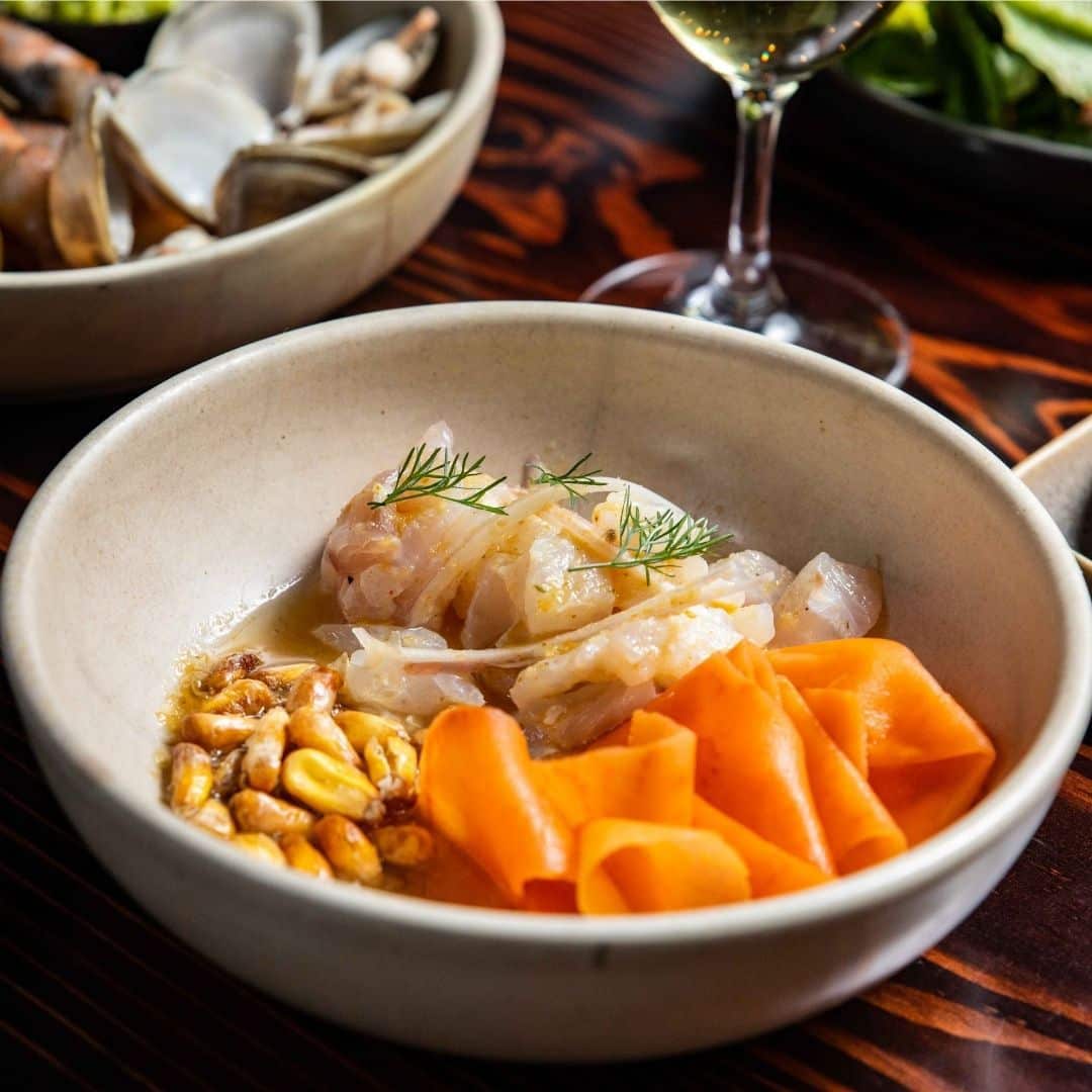 Ceviche balanced out with toasted corn and sweet potato.