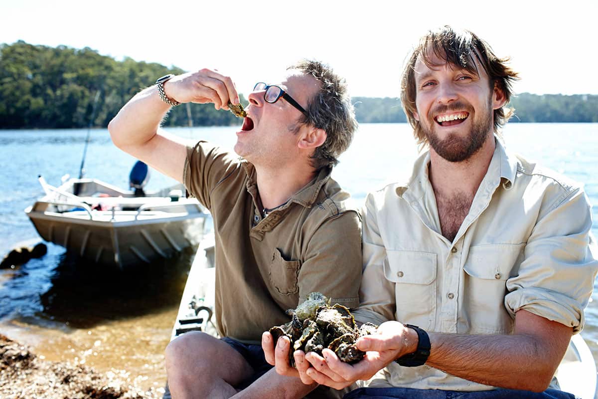 Hugh and Paul eat oysters