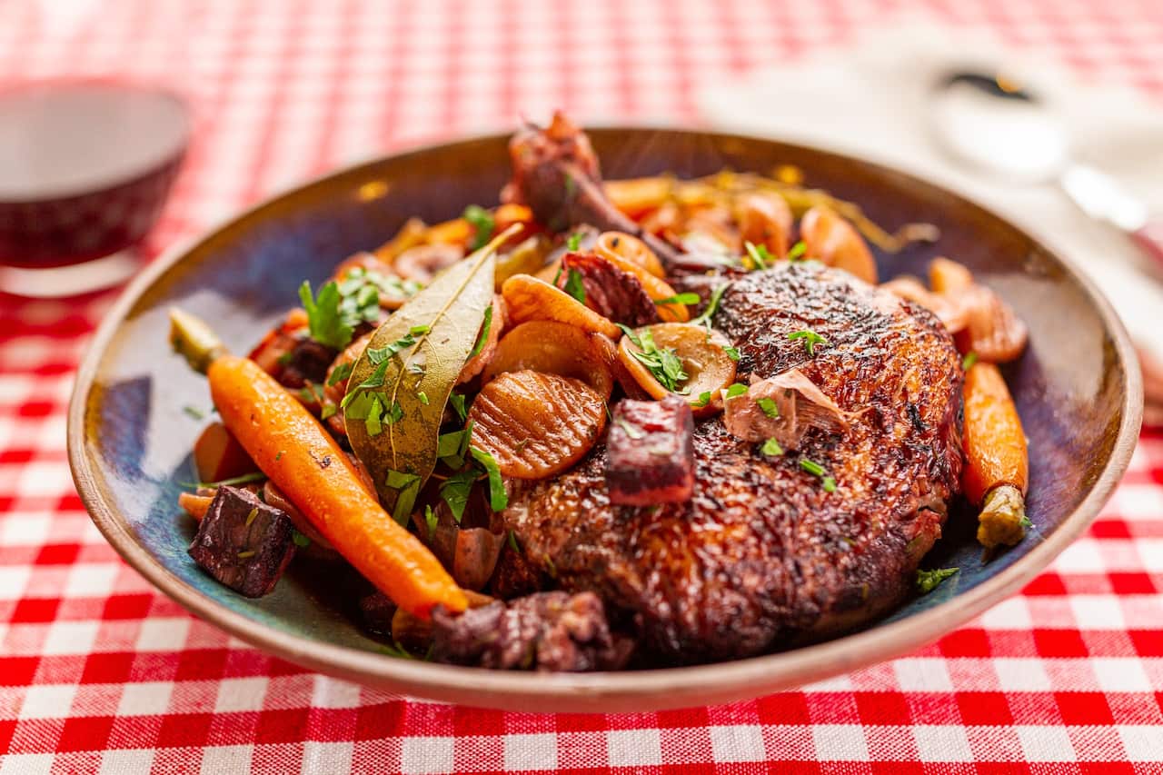 Coq au vin with orecchiette