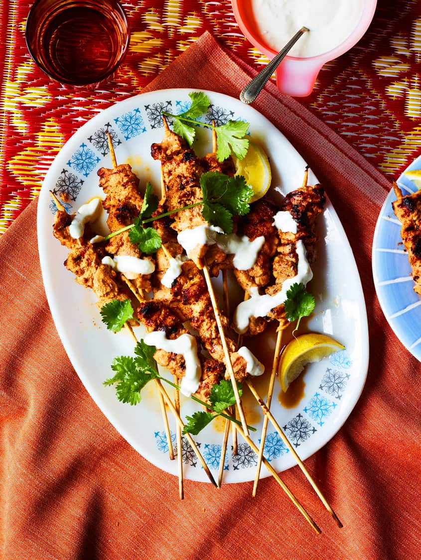 Peanut butter chicken skewers with ginger yoghurt