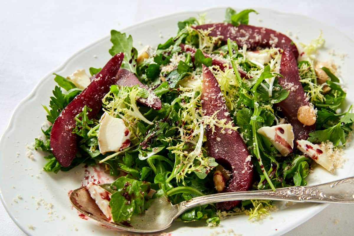 Port-poached pear salad with goat cheese