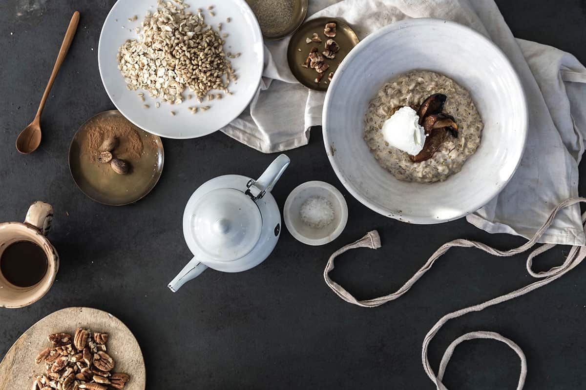 Pearl barley porridge with baked apple and pear