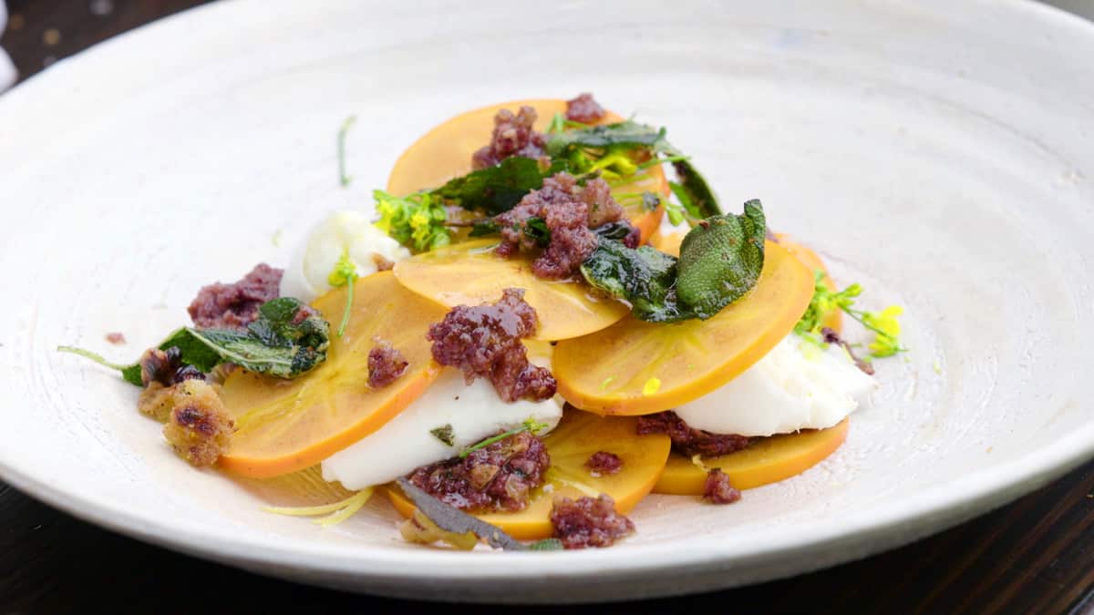 Persimmon salad with bread pesto 