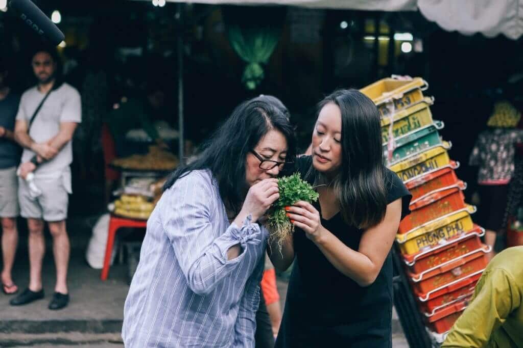 Phien with daughter Quinnie shopping for fresh produce