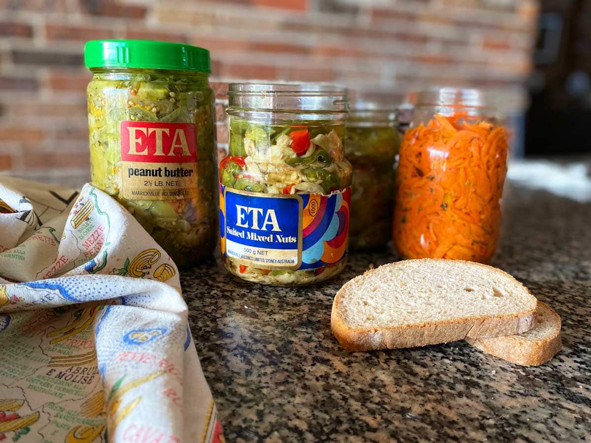 Gina preserves pickled vegetables in oil.