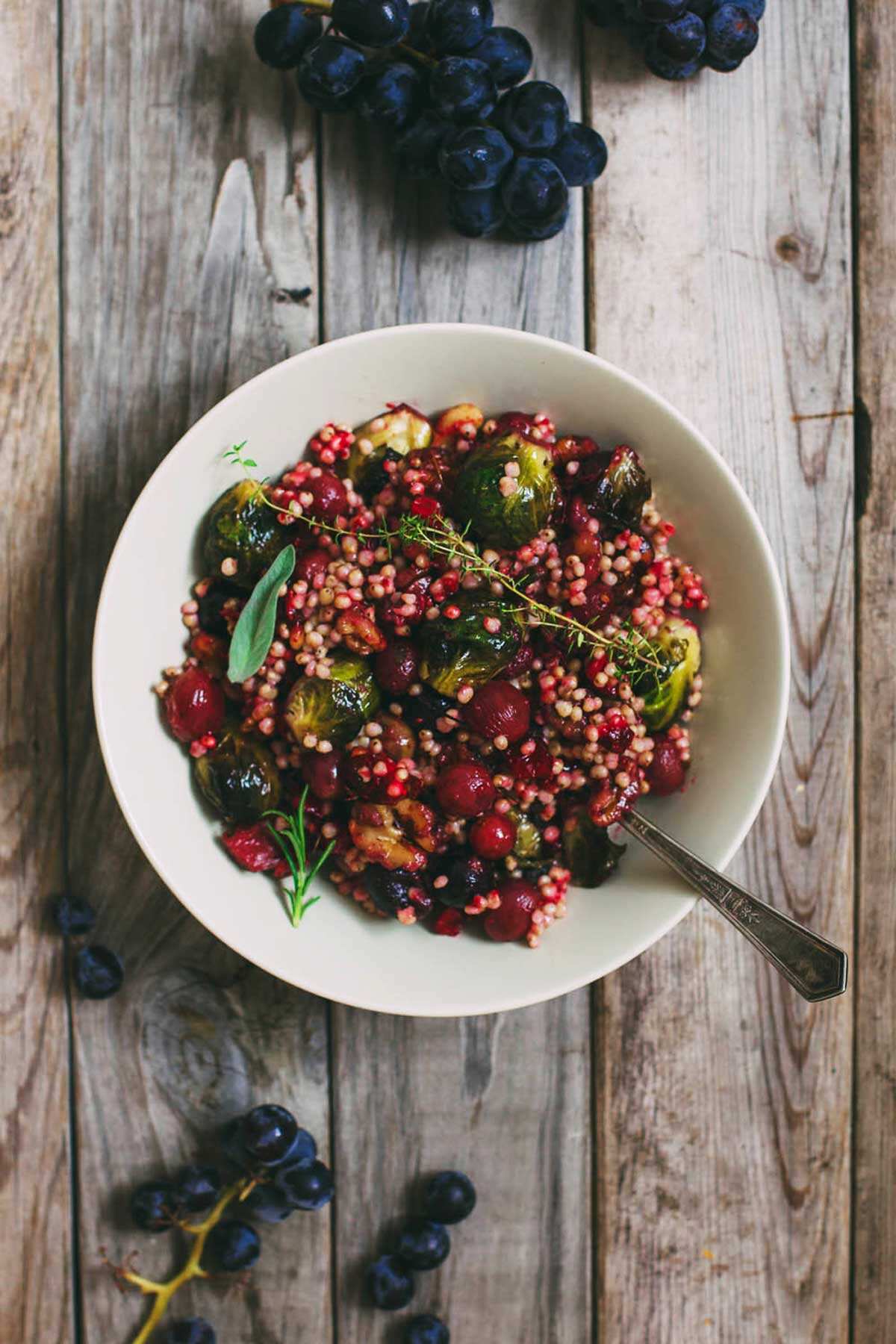 Sorghum pilaf with roasted Brussels sprouts, cranberries and grapes