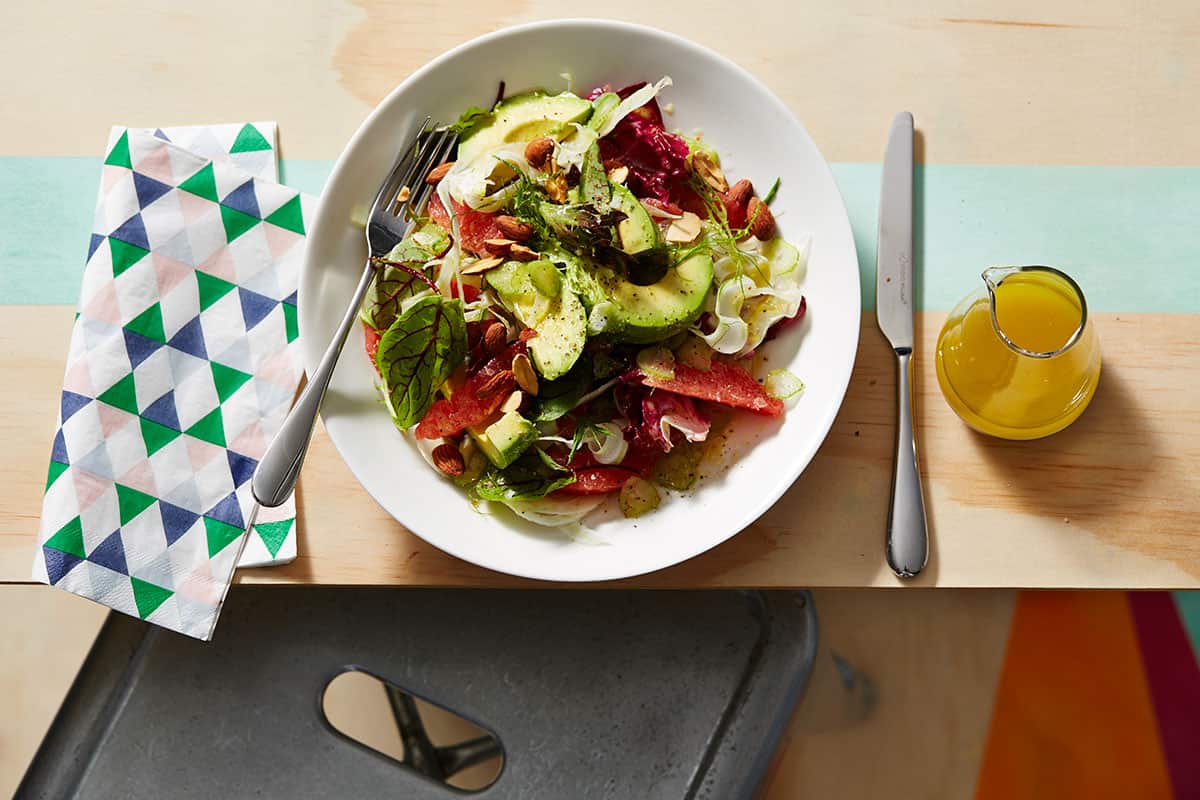 Pink grapefruit, shaved fennel and avocado salad