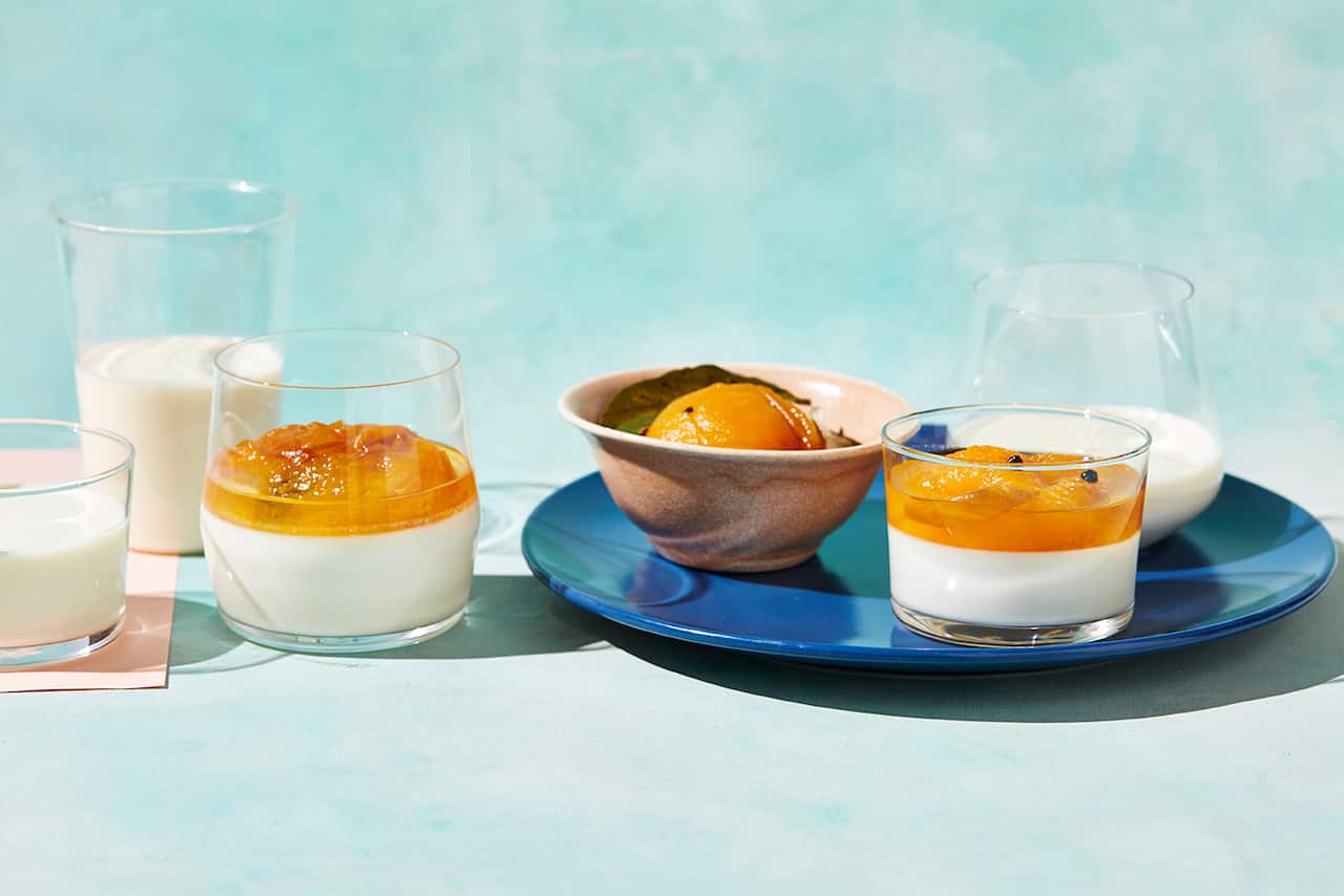 Poached apricots with set almond milk