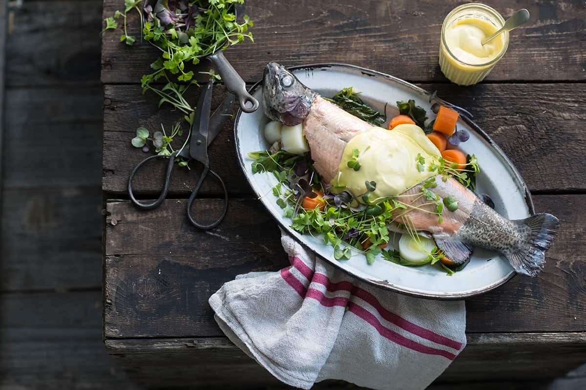 Poached trout with lemon mayo