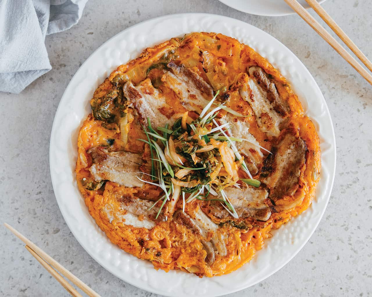 Kimchi pancakes with pork belly
