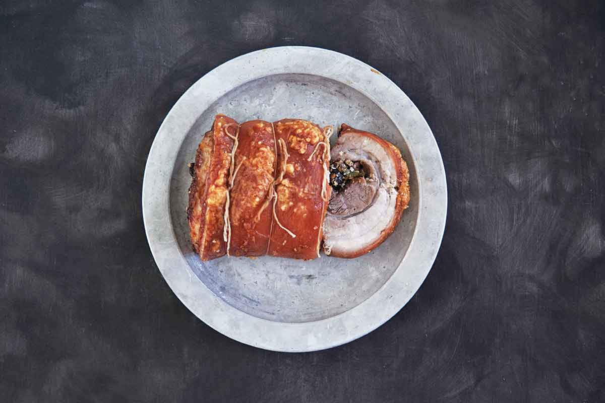 Pork belly stuffed with cherries and quinoa 
