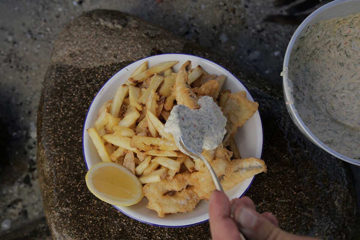 Andy's Dad's famous beer-battered flathead tails and chips
