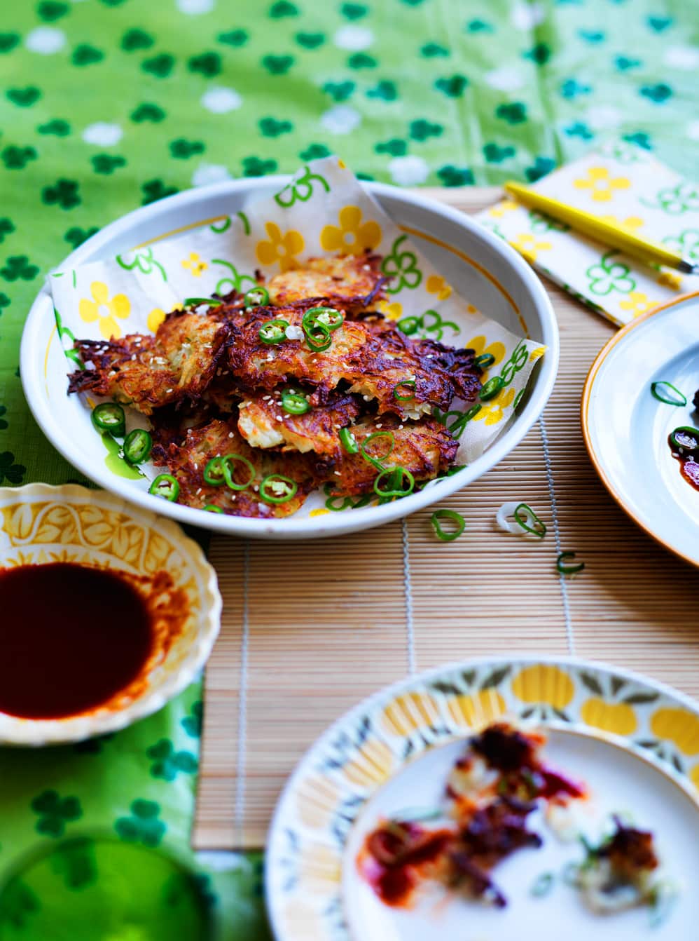 Potato pancakes with spicy sesame sauce (gamjajeon)