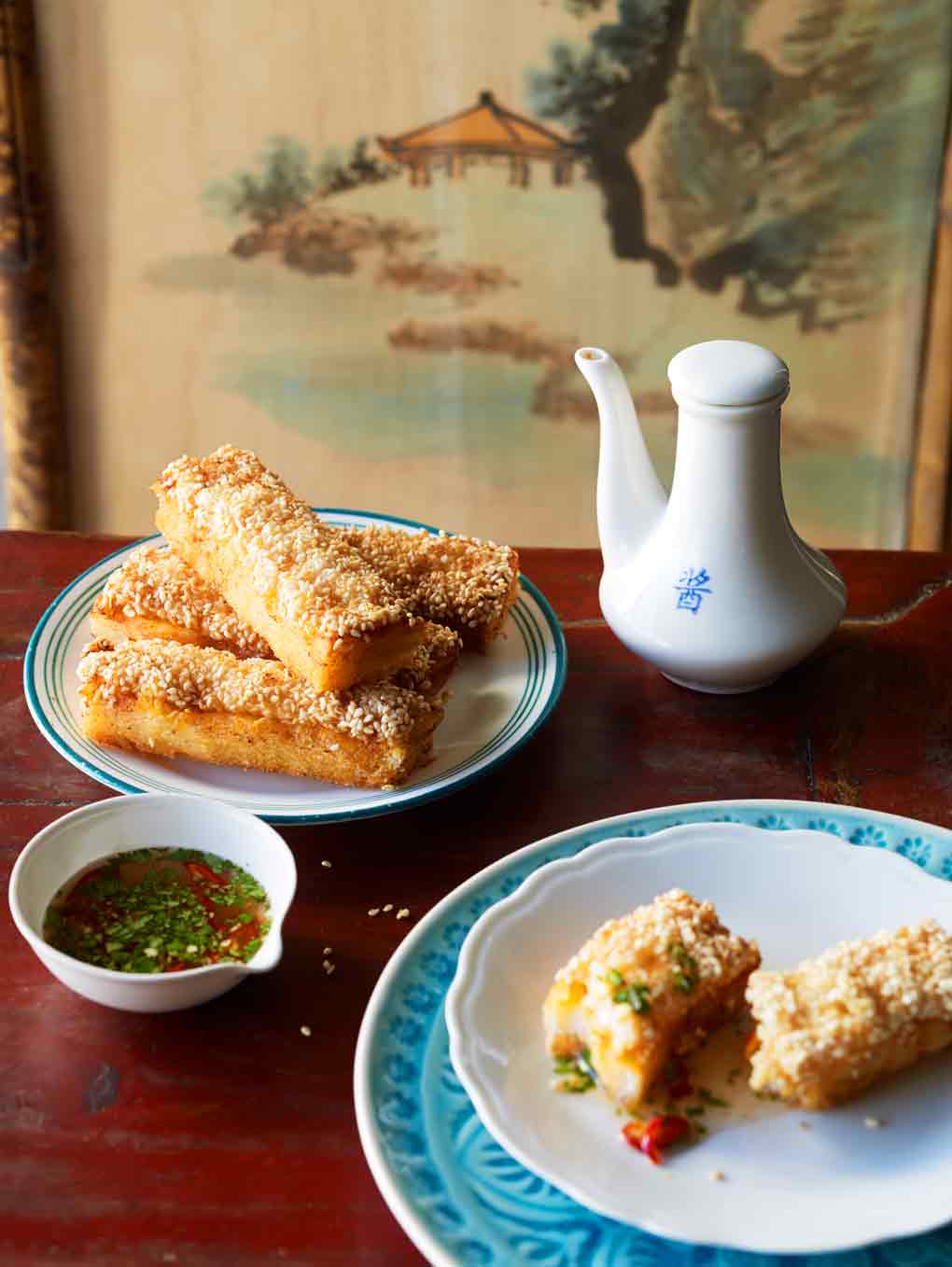 Prawn toasts with chilli and coriander dipping sauce