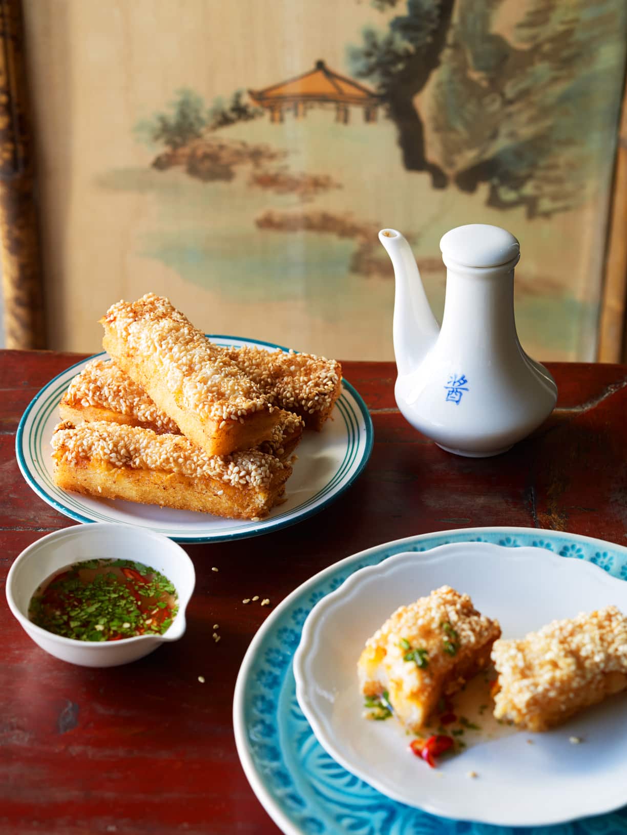 Prawn toasts with chilli and coriander dipping sauce