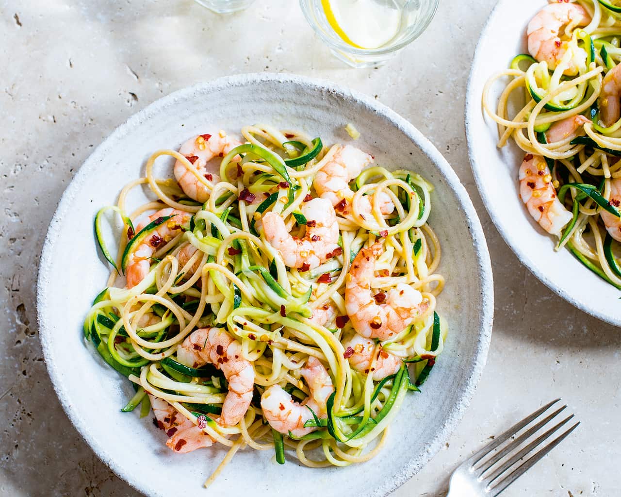 Prawn zoodles and spaghetti with chilli and lemon