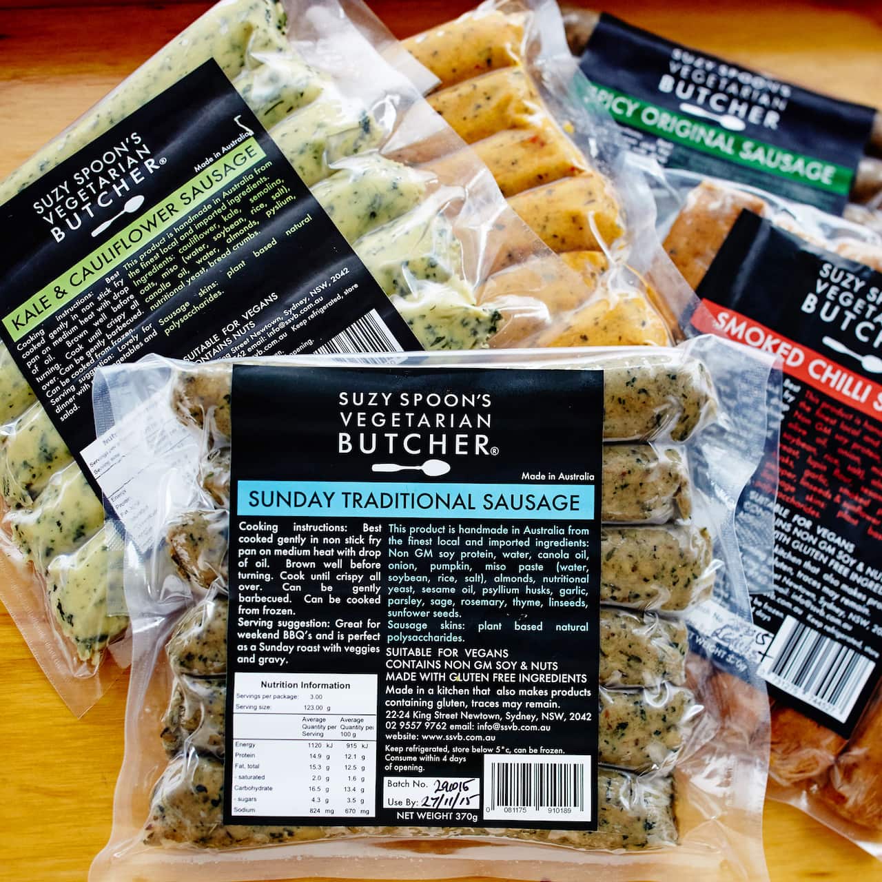 You'll find traditional-style snags as well as newer kale and cauliflower flavours in Suzy Spoon's range.