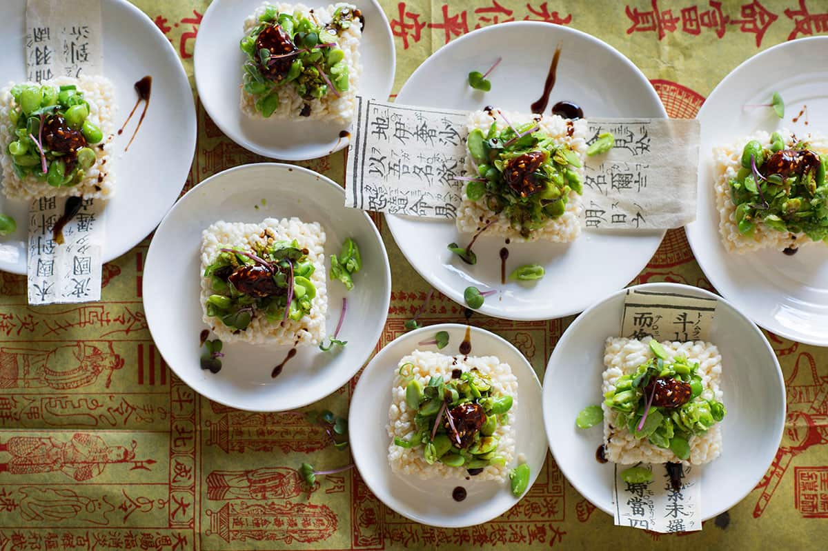 Puffed rice crackers with edamame salsa, ssamjang and sticky soy