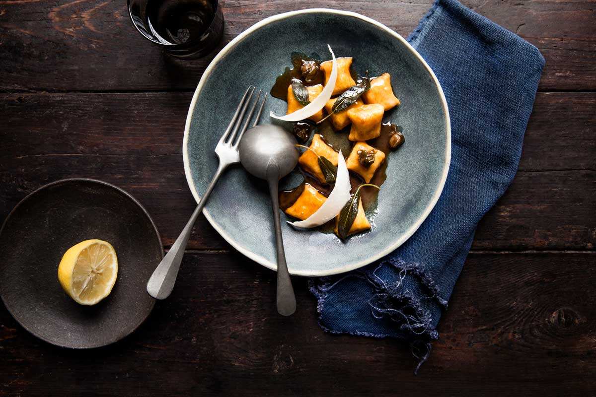 Jap pumpkin gnocchi with marsala, capers and sage