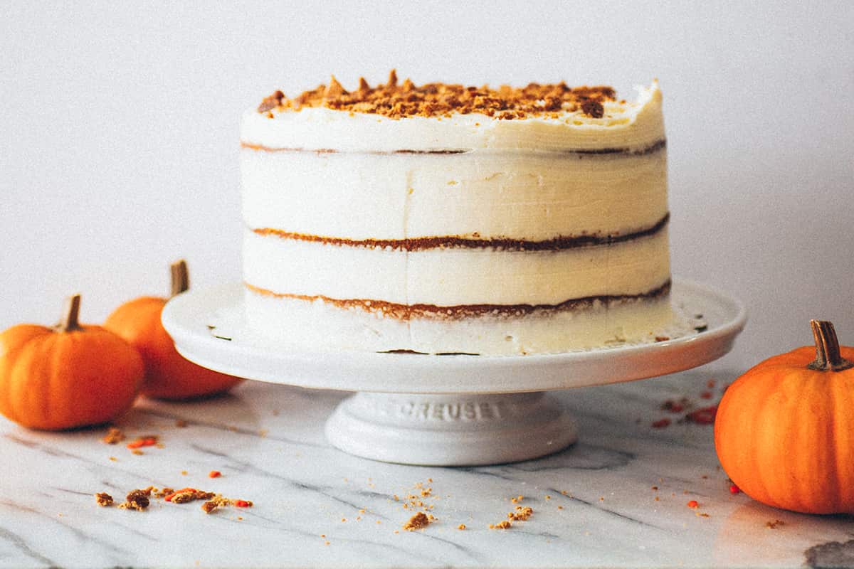 Pumpkin pie layer cake with candied Graham crackers