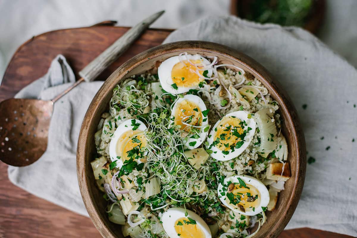Quinoa, apple and roasted fennel and parsnip salad with raw honey vinaigrette