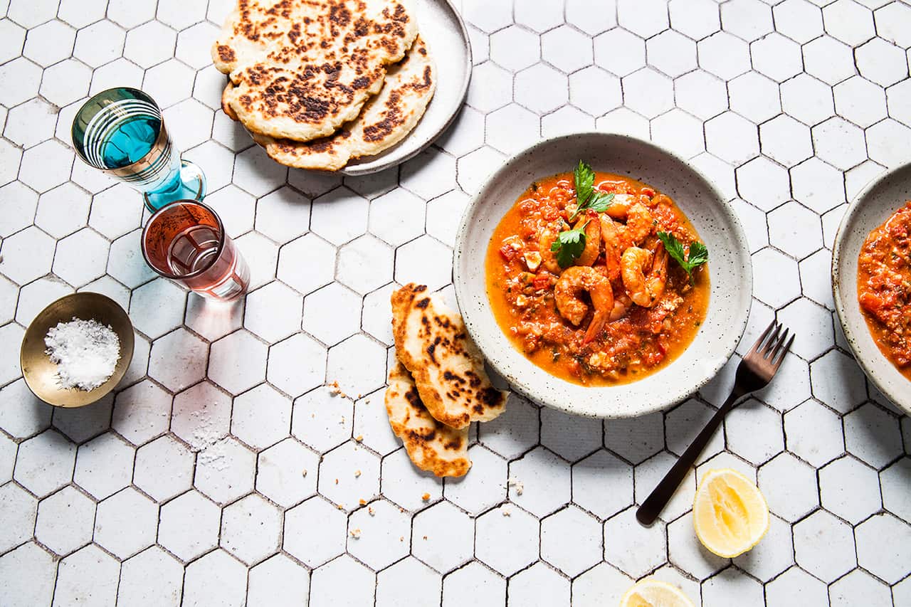 Raki tomato prawns with flatbread greek yoghurt
