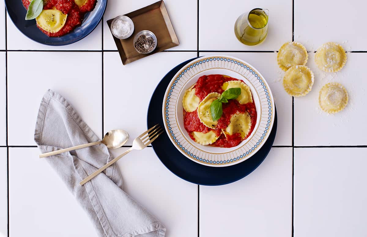 Spinach and ricotta ravioli with passata
