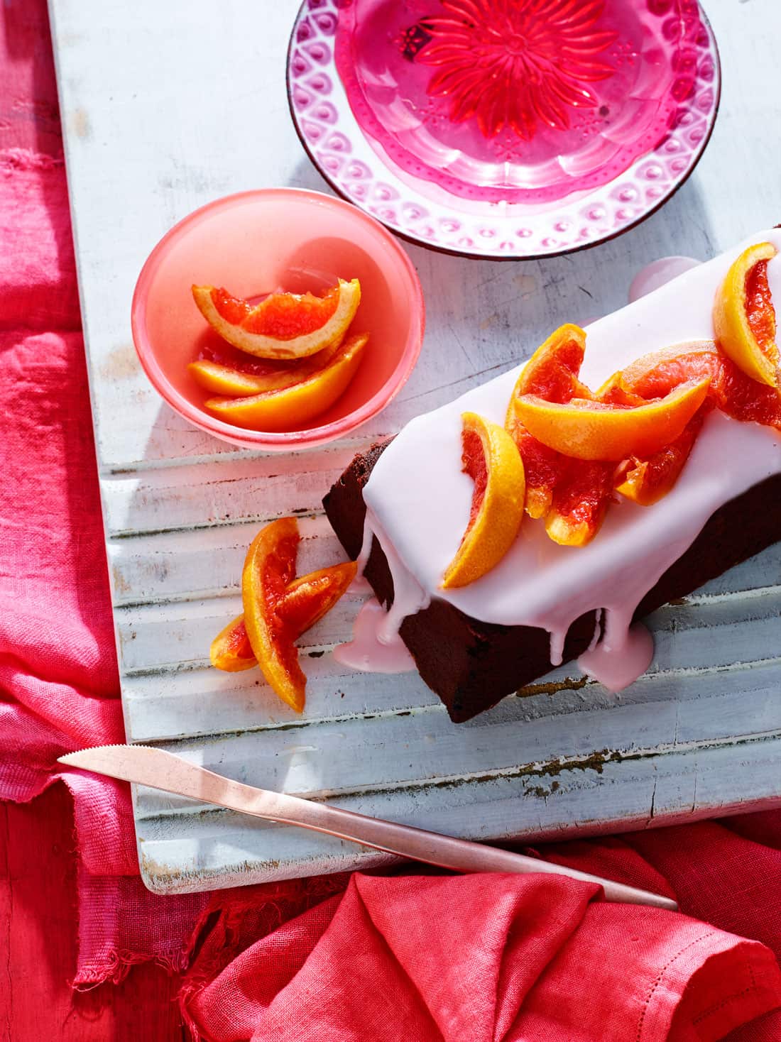 Chocolate cake with ruby grapefruit glaze
