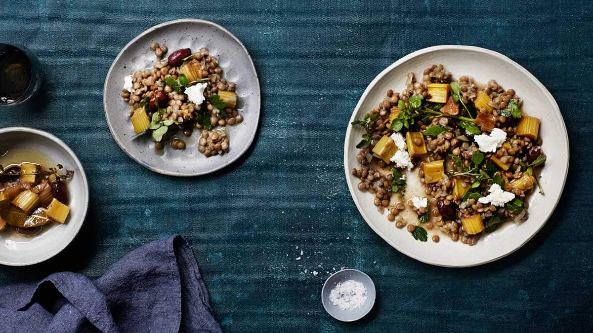 Rhubarb and lentil salad with goats curd, black olive and honey