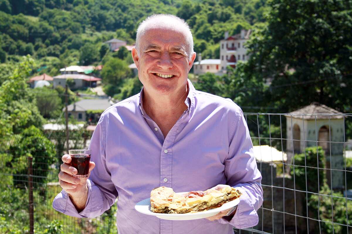 Rick Stein enjoying homemade Greek pie in Asprageli Village, Northern Greece