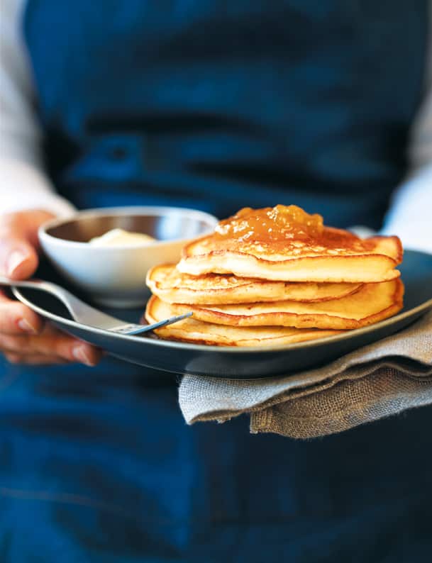 Ricotta pancakes with fig jam and cream
