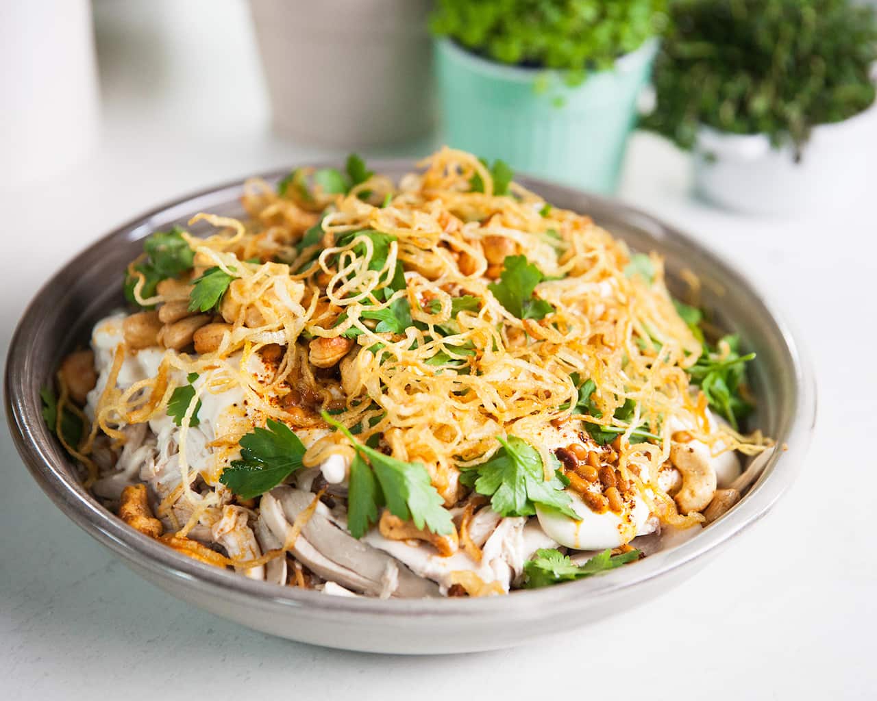 Riz al djaj (poached chicken with smoked rice and tahini yoghurt)