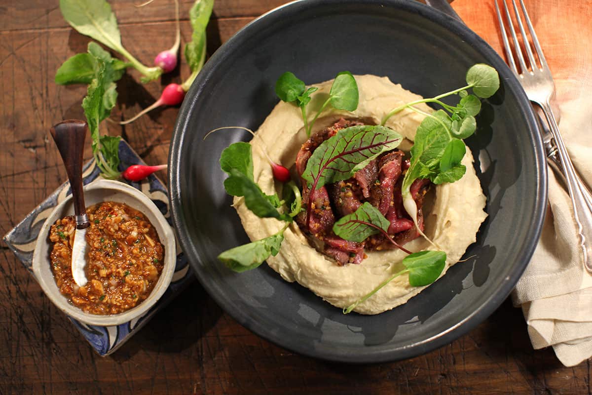 Roast cauliflower hummus with wagyu beef