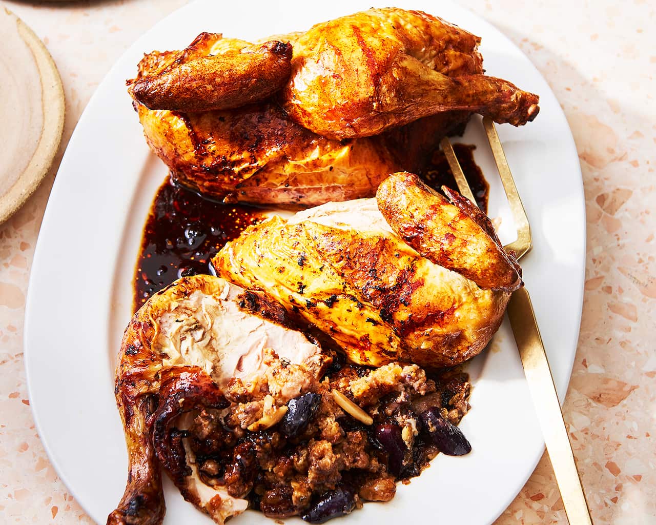 Roast chicken with sobrassada stuffing