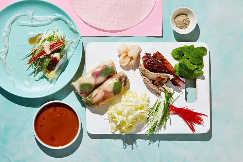 Roast duck and rice paper rolls