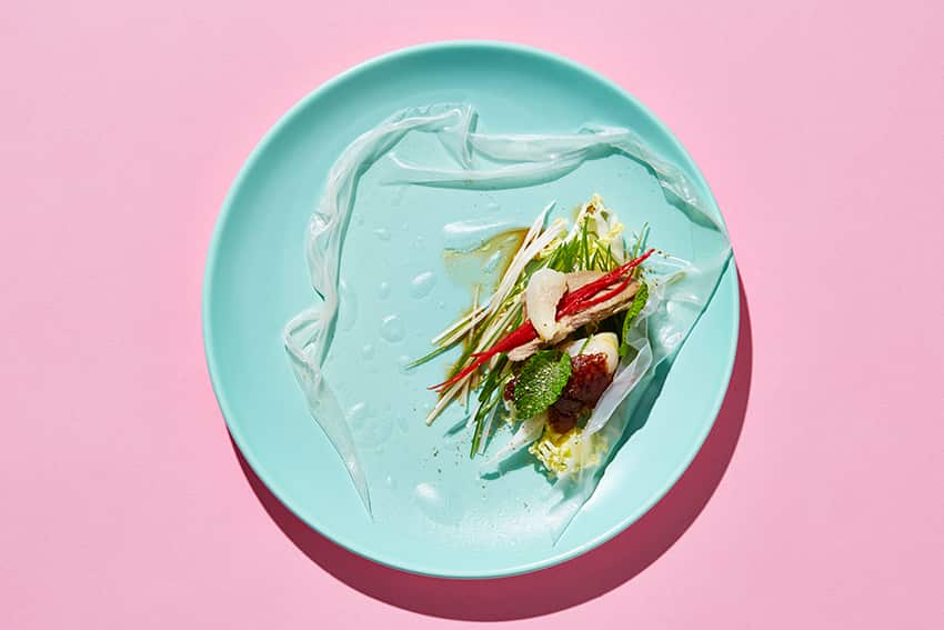 Roast duck and rice paper rolls