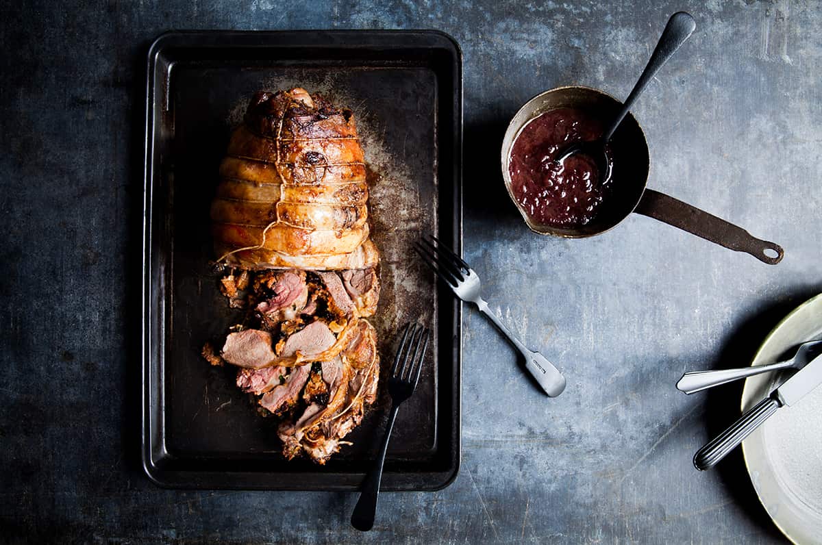 Roast lamb with pepper paste, walnut and currant stuffing
