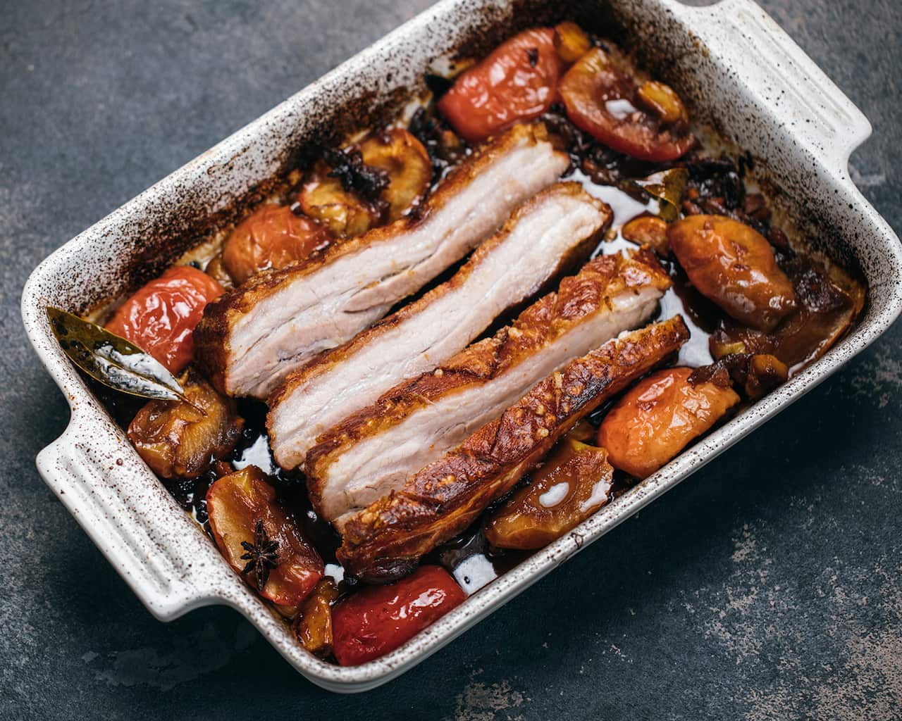 Roast pork belly with apple, soy and ginger