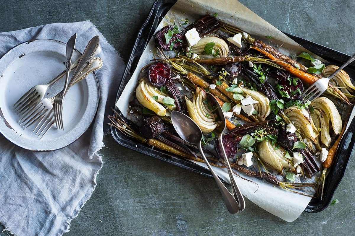 Roasted root vegetables with herbs and ricotta salata