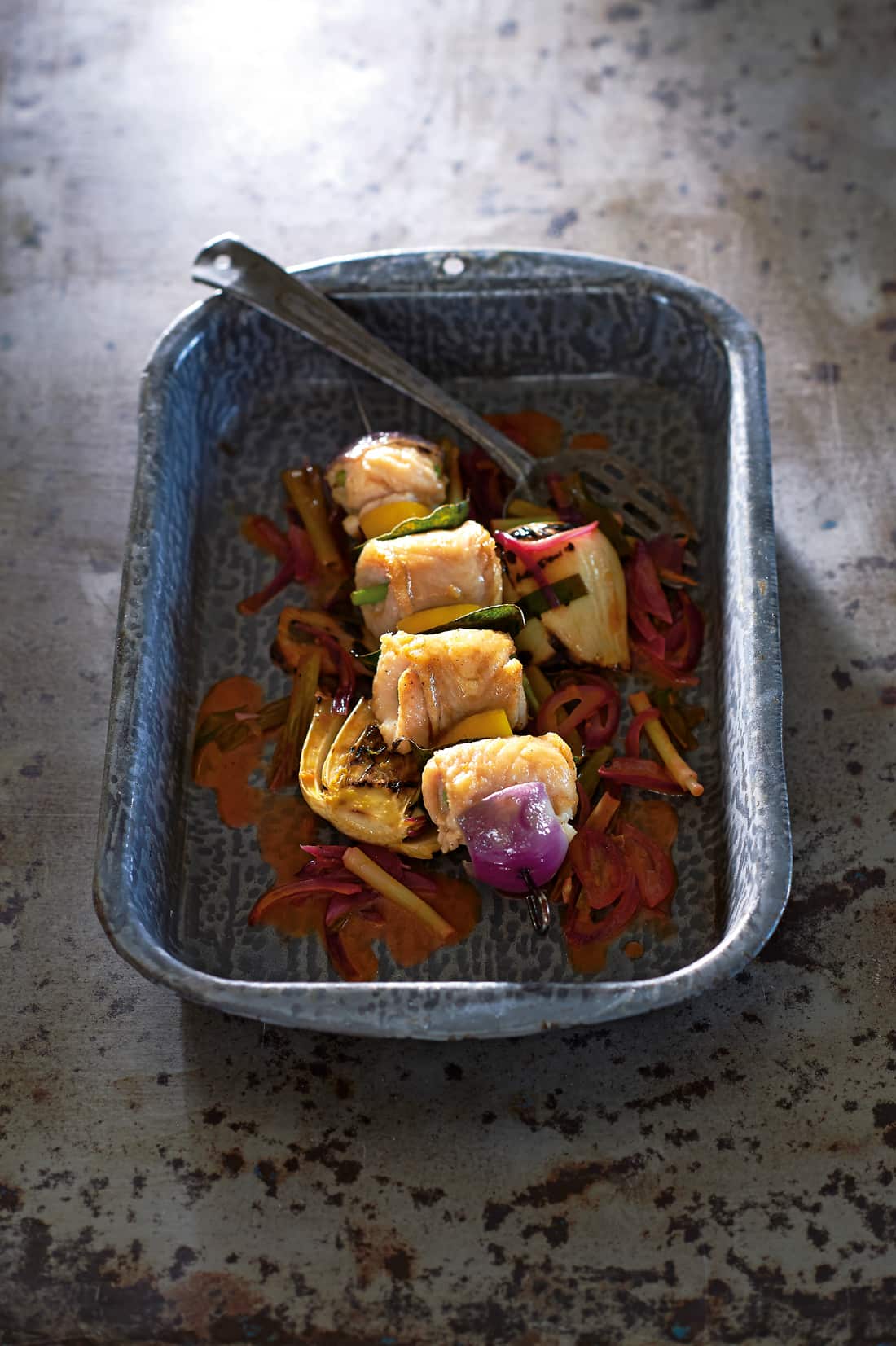 Skewered sole with braised fennel