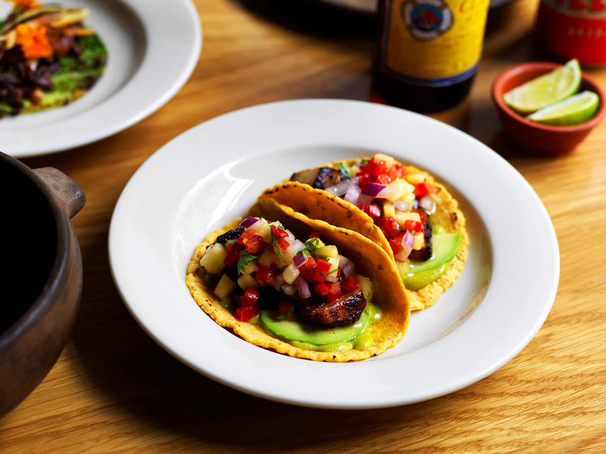 Roasted celeriac in adobo served with pineapple pico de gallo: a vegan taco at Sanchez.
