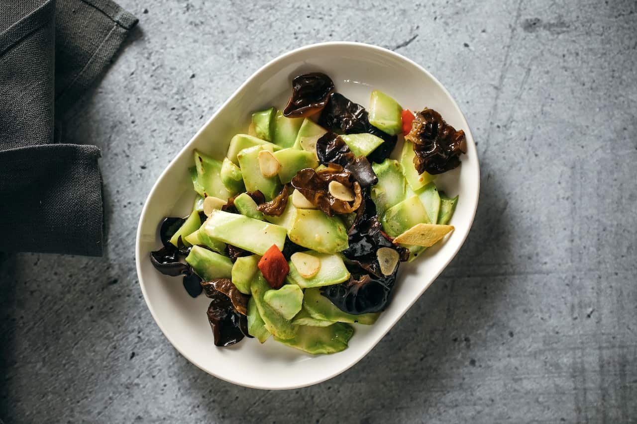 Stir-fried broccoli stems with wood ear mushrooms