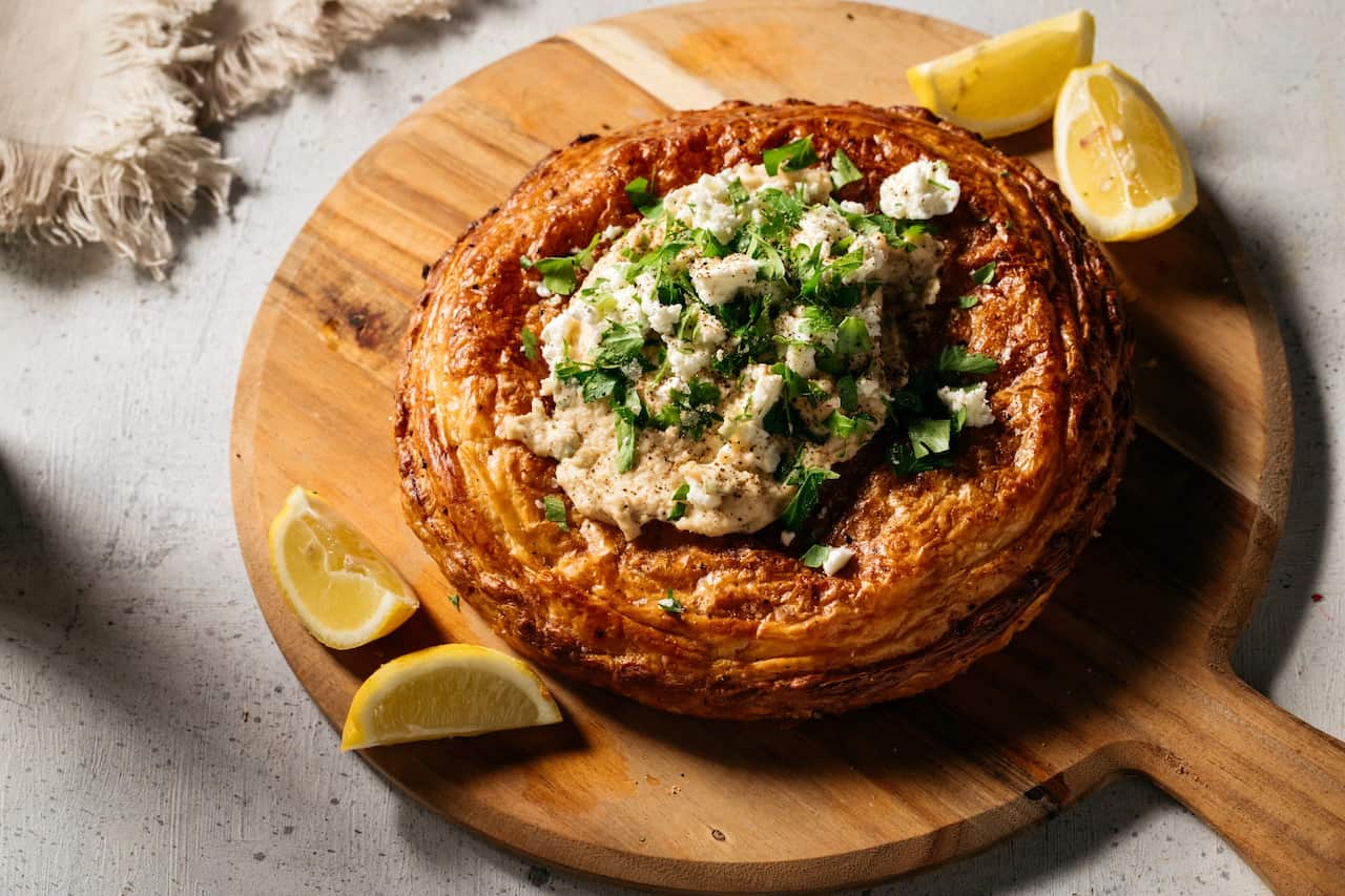 Greek lamb pie with feta and hummus 