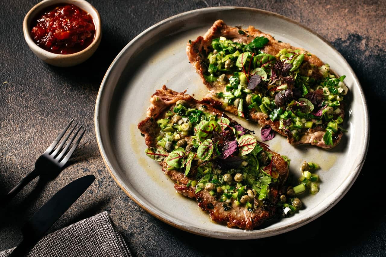 Seared sirloin with fresh green salsa and kumato chilli jam 