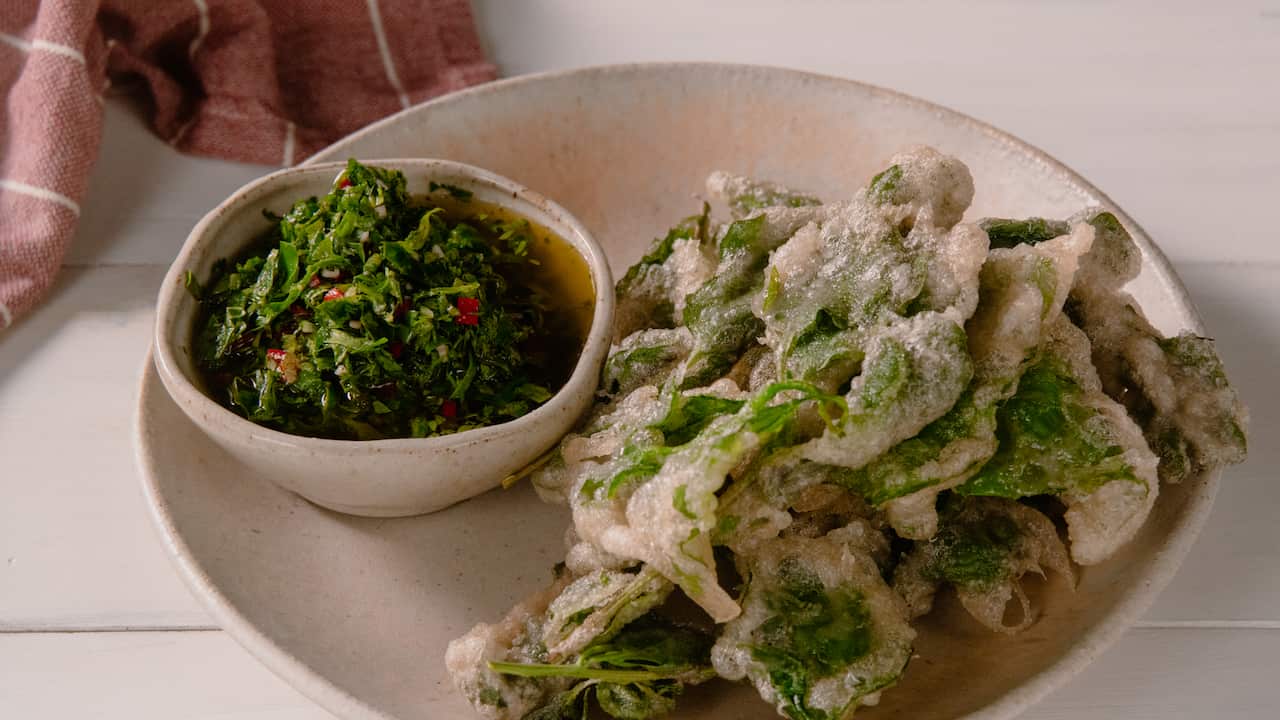 Warrigal green chimichurry with tempura saltbush