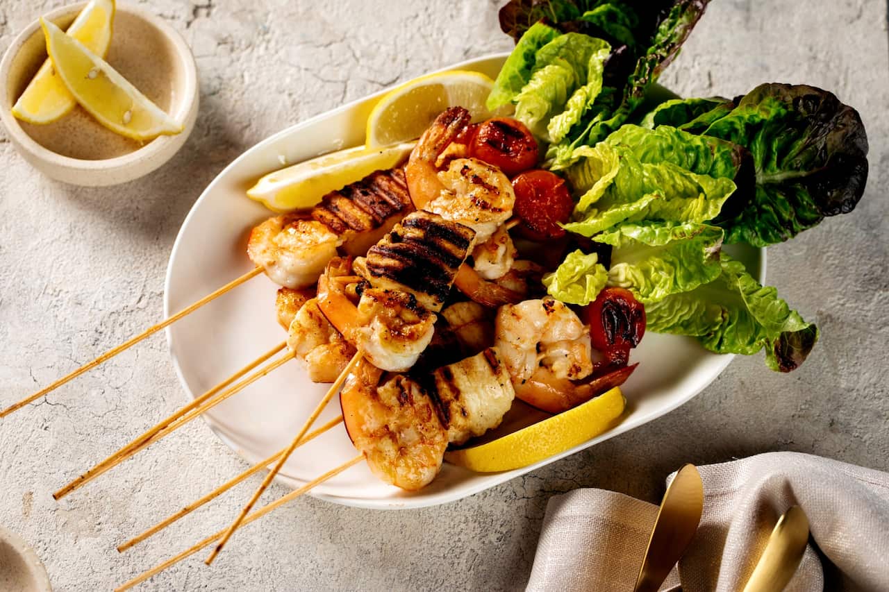Garlic prawn and halloumi skewers