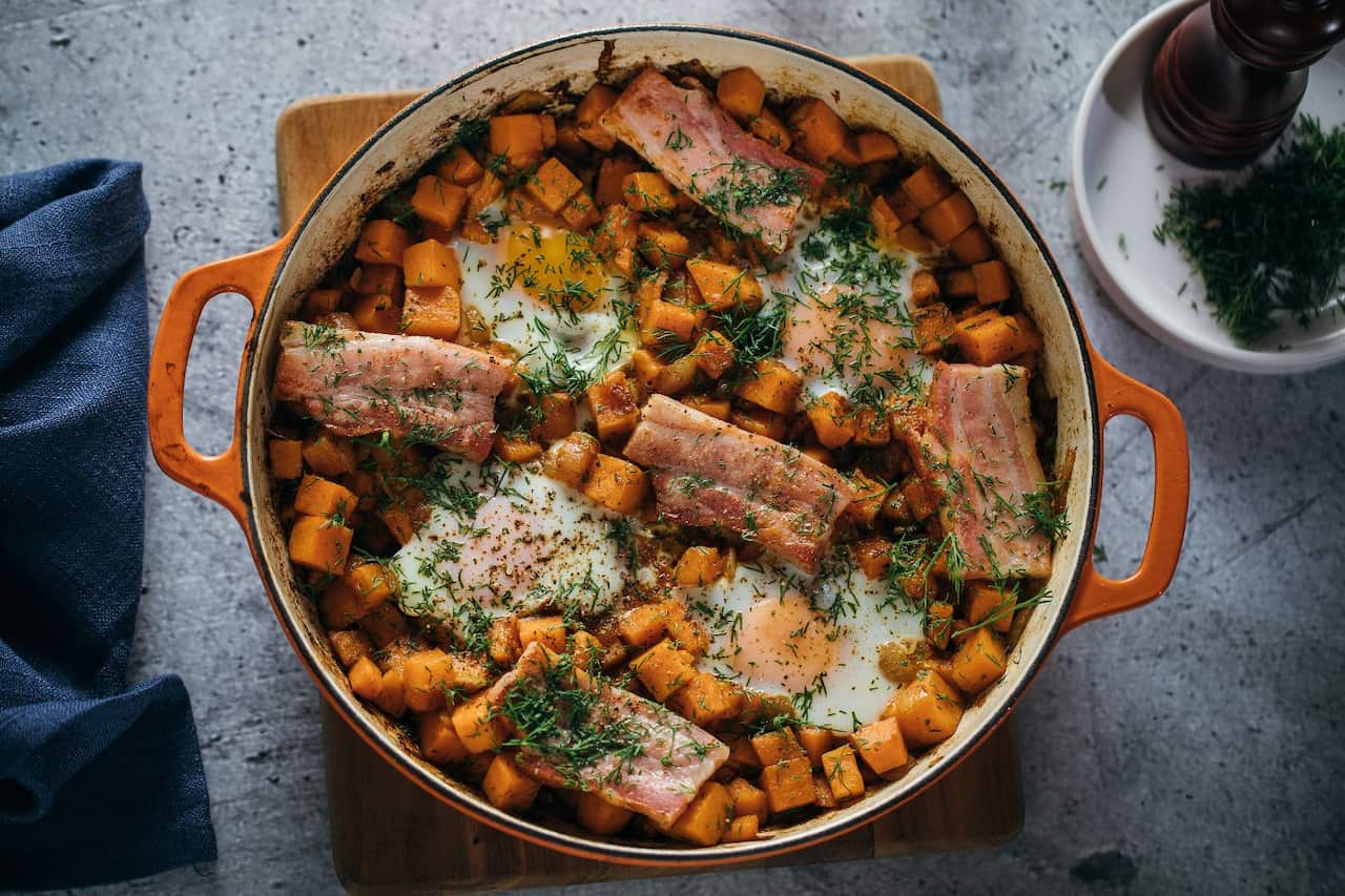 Sweet potato hash with bacon, eggs and dill