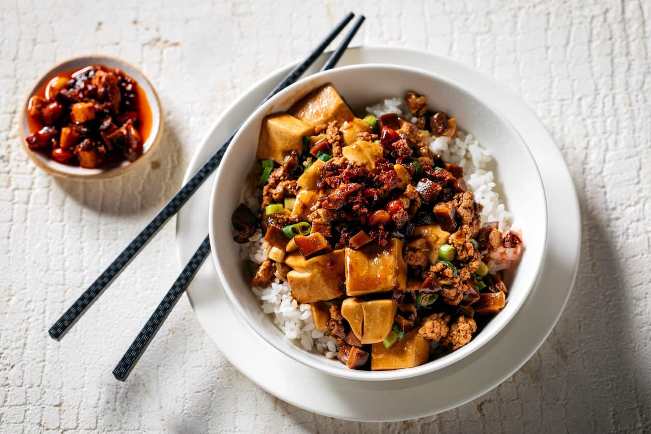 Mushrooms, mince and tofu donburi